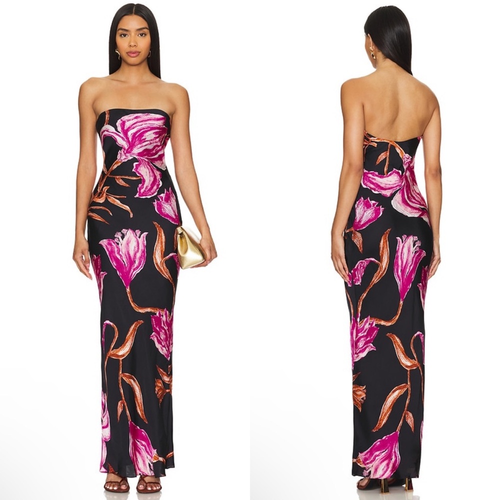 NEW NWT Rococo Sand Maxi Strapless Dress In Black & Pink Floral Print